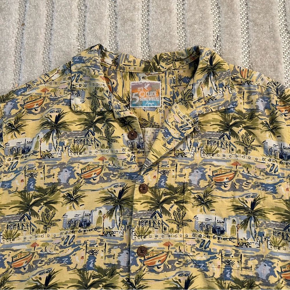 It’s Five O’clock Somewhere 100% Silk Tropical Beach Hawaiian Button Shirt - L - Picture 1 of 9